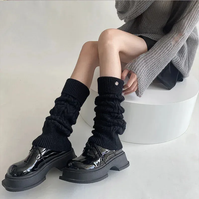 Sohiwoo Korea Wool Knitted Leg Warmers Metal Label Women Calf Socks Vintage Winter Y2K Japanese Harajuku Pile Long Socks Leg Covers