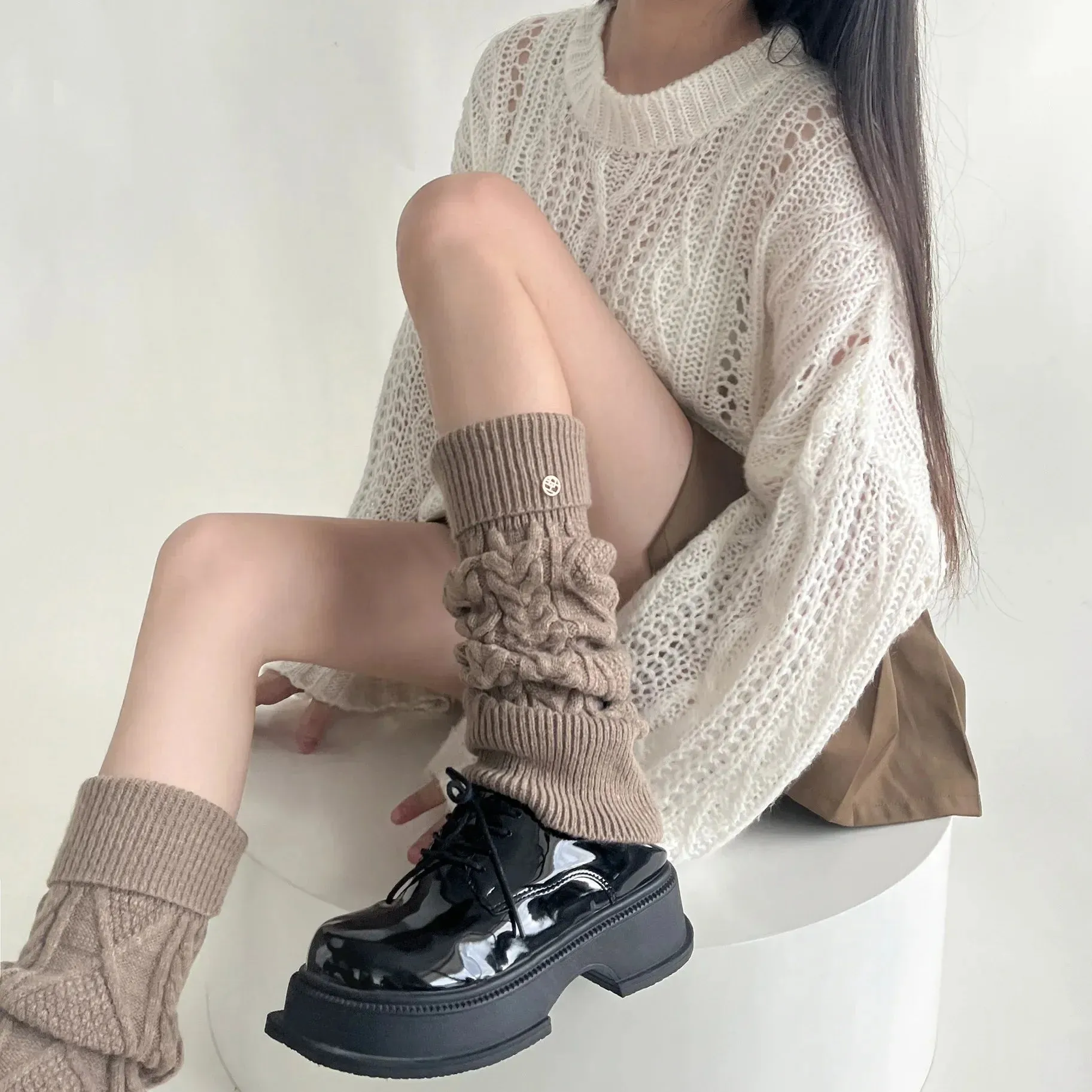 Sohiwoo Korea Wool Knitted Leg Warmers Metal Label Women Calf Socks Vintage Winter Y2K Japanese Harajuku Pile Long Socks Leg Covers