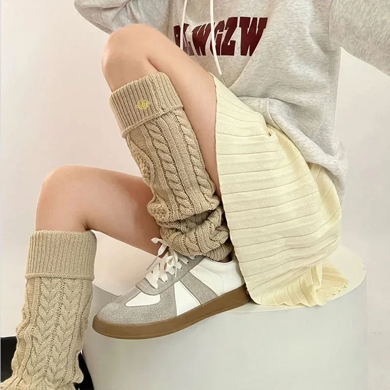 Sohiwoo Korea Wool Knitted Leg Warmers Metal Label Women Calf Socks Vintage Winter Y2K Japanese Harajuku Pile Long Socks Leg Covers