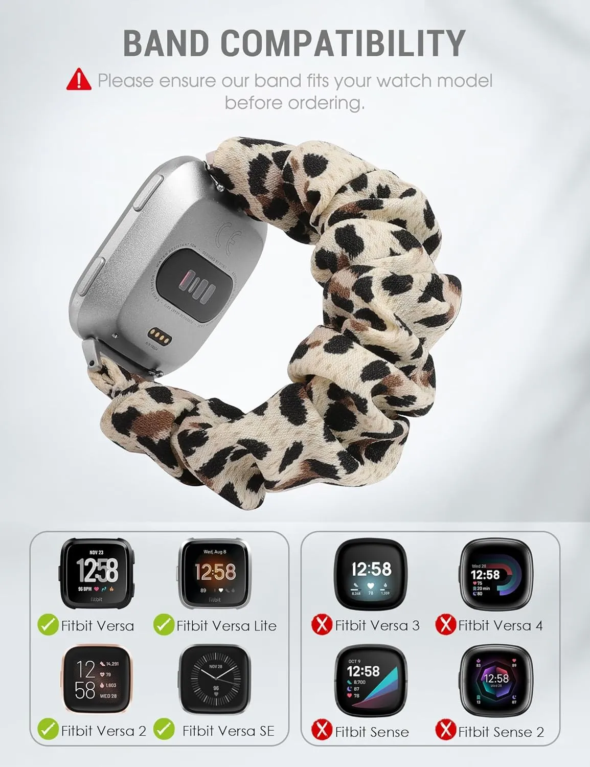 TOYOUTHS Scrunchie Bands Compatible with Fitbit Versa/Versa 2/Versa Lite Edition Watch Band Women Girl Elastic Stretch Fabric Cloth Strap Pattern Special Bracelet Wristband (Leopard, Large)