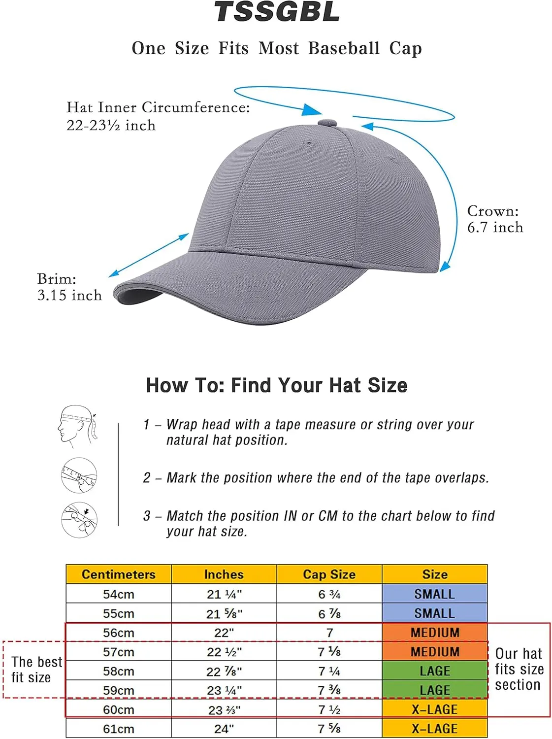 TSSGBL M,L,XL,XXL Men's Premium Plain Structured Crown Baseball Hats Adjustable Blank Ball Caps with Reflective Sandwich Brim