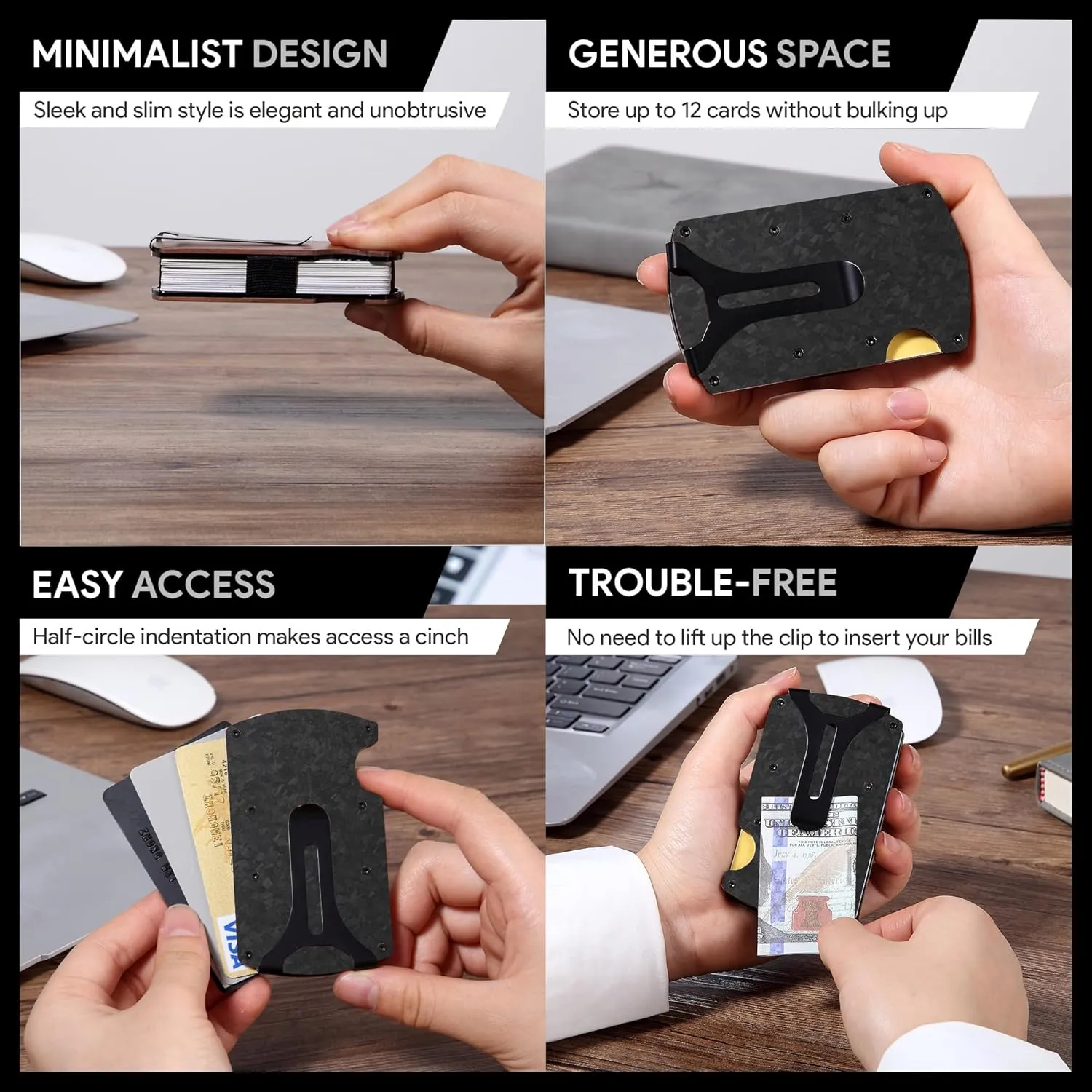 Wallet for Men, Minimalist Slim RFID Blocking Resin Wood Credit Card Holder with Money Clip, Easily Removable Cash&Card Metal Wallet, Gift for Men