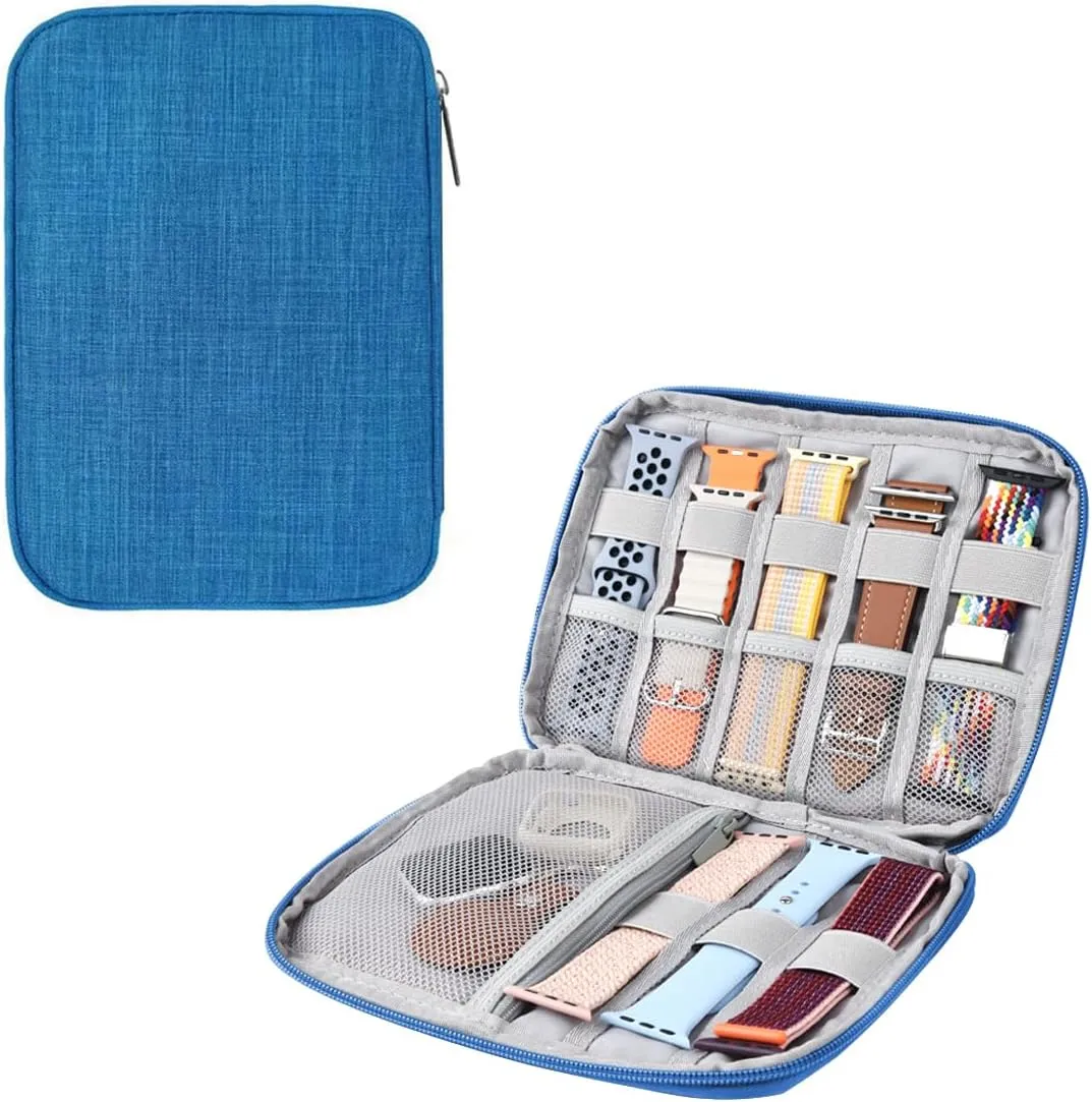 Watch Band Organizer, Watch Band Storage Case, Waterproof Smart Watch Band Organiser Case, Travel Organiser Bag for Watch Bands for Bands and Accessories,Watch Band Pin,Cable,Earphones (Blue)