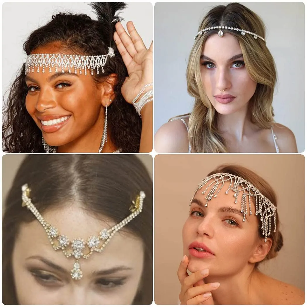 Wedding Head Chain Rhinestone Vintage Bride Headpieces Tassel Boho Bridal Headband Women Hair Accessories for Party Festival (Silver-Boho)