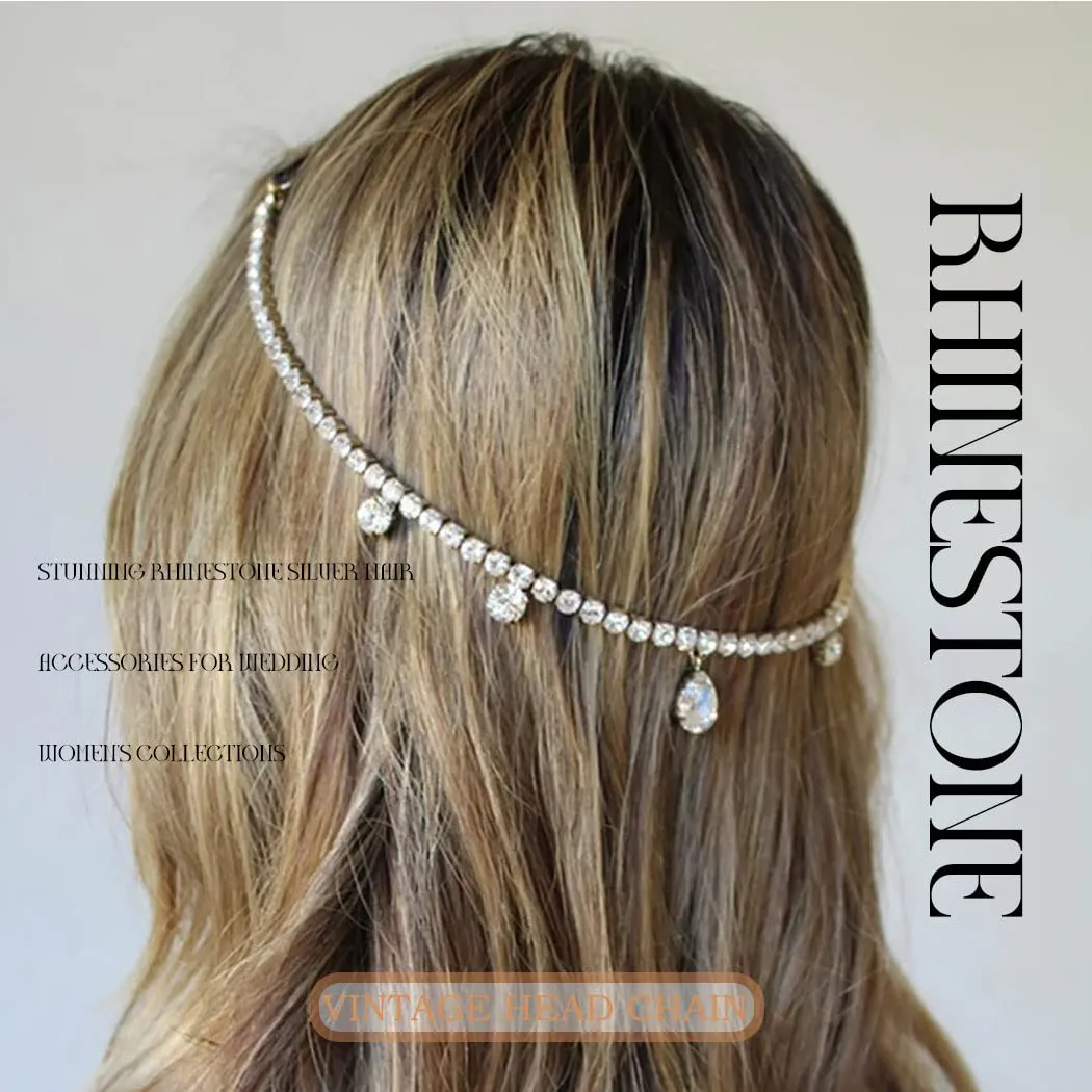 Wedding Head Chain Rhinestone Vintage Bride Headpieces Tassel Boho Bridal Headband Women Hair Accessories for Party Festival (Silver-Boho)