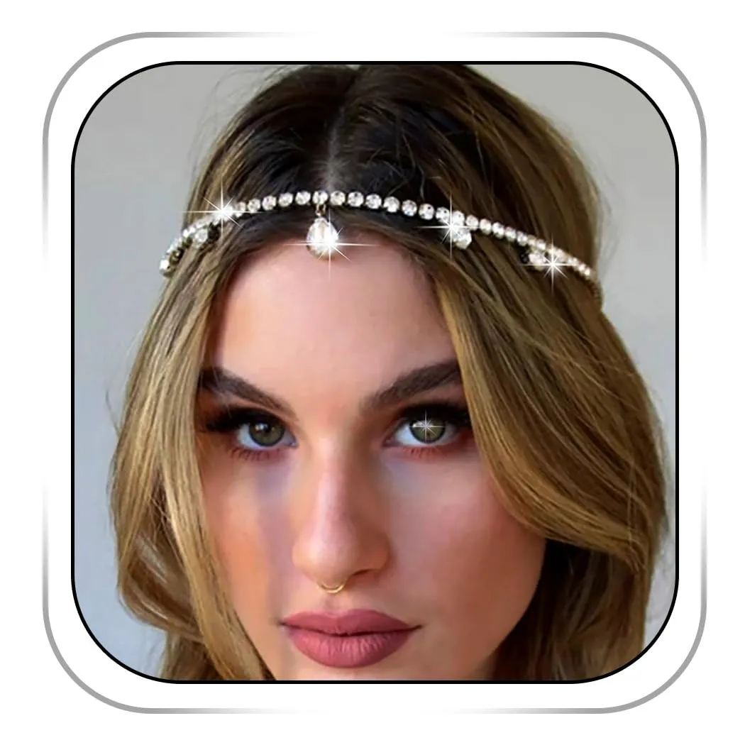Wedding Head Chain Rhinestone Vintage Bride Headpieces Tassel Boho Bridal Headband Women Hair Accessories for Party Festival (Silver-Boho)