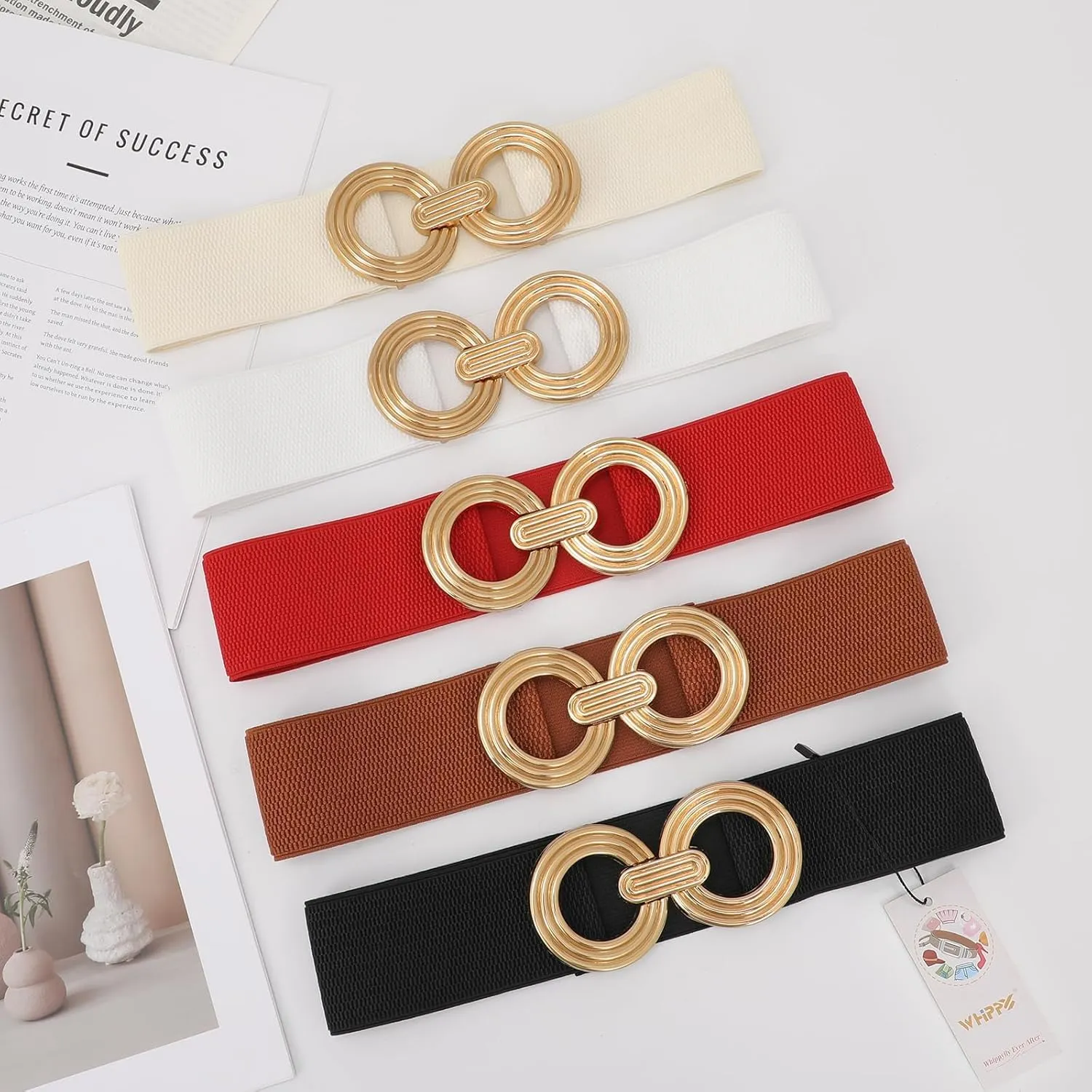 WHIPPY Women Wide Elastic Waist Belt Fashion Hollow Out Round Gold Buckle Stretchy Belt Waistband for Ladies