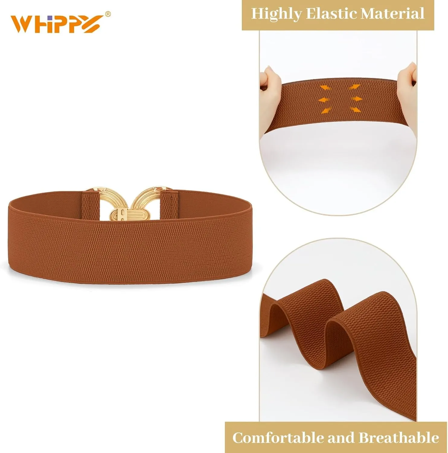 WHIPPY Women Wide Elastic Waist Belt Fashion Hollow Out Round Gold Buckle Stretchy Belt Waistband for Ladies