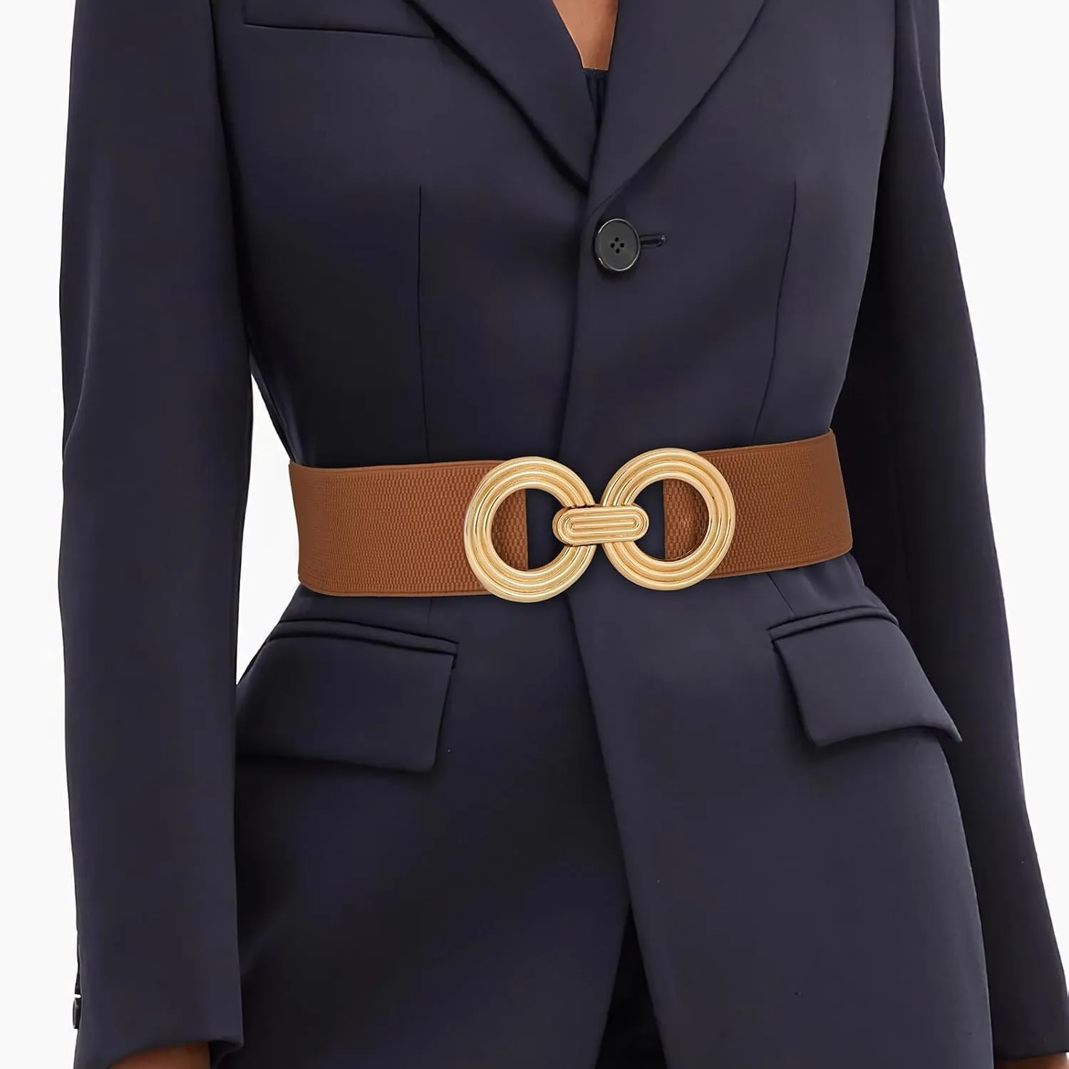 WHIPPY Women Wide Elastic Waist Belt Fashion Hollow Out Round Gold Buckle Stretchy Belt Waistband for Ladies