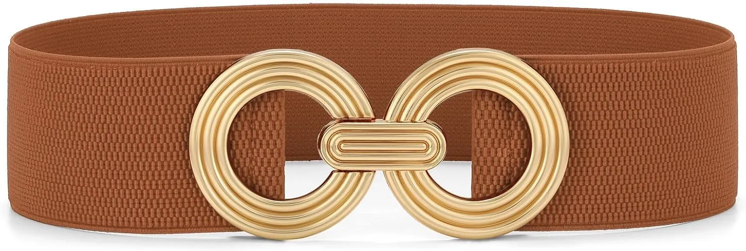 WHIPPY Women Wide Elastic Waist Belt Fashion Hollow Out Round Gold Buckle Stretchy Belt Waistband for Ladies