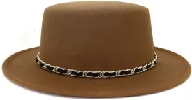 Wide Brim Fedora Hats for Women and Men Classic Chain Flat Top Hat Flat Brim Top Hat 2 Without Chain