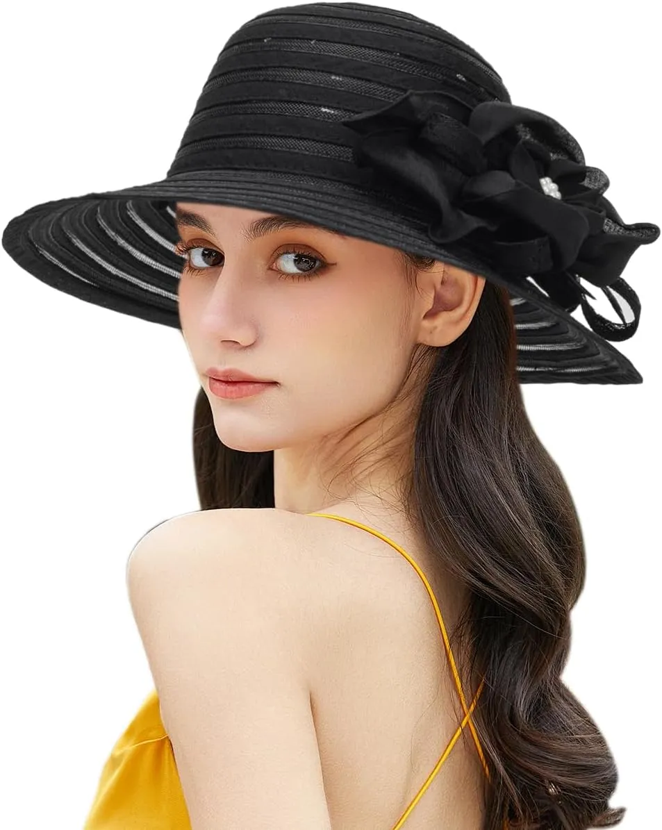 Wide-Brim Kentucky-Organza-Derby-Hat for Women Lady Tea Party Fascinators Cap Church Wedding Cap with Flower