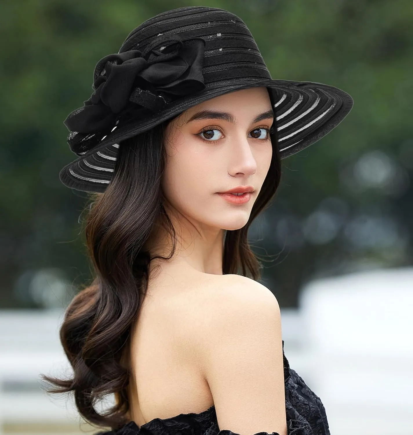 Wide-Brim Kentucky-Organza-Derby-Hat for Women Lady Tea Party Fascinators Cap Church Wedding Cap with Flower
