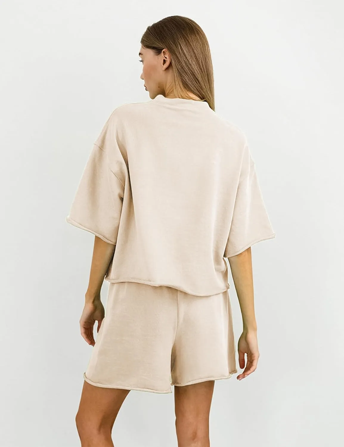 Women's 2 Piece Outfits Lounge Sets Crew Neck Short Sleeve Pullover Tops High Waisted Shorts Tracksuits