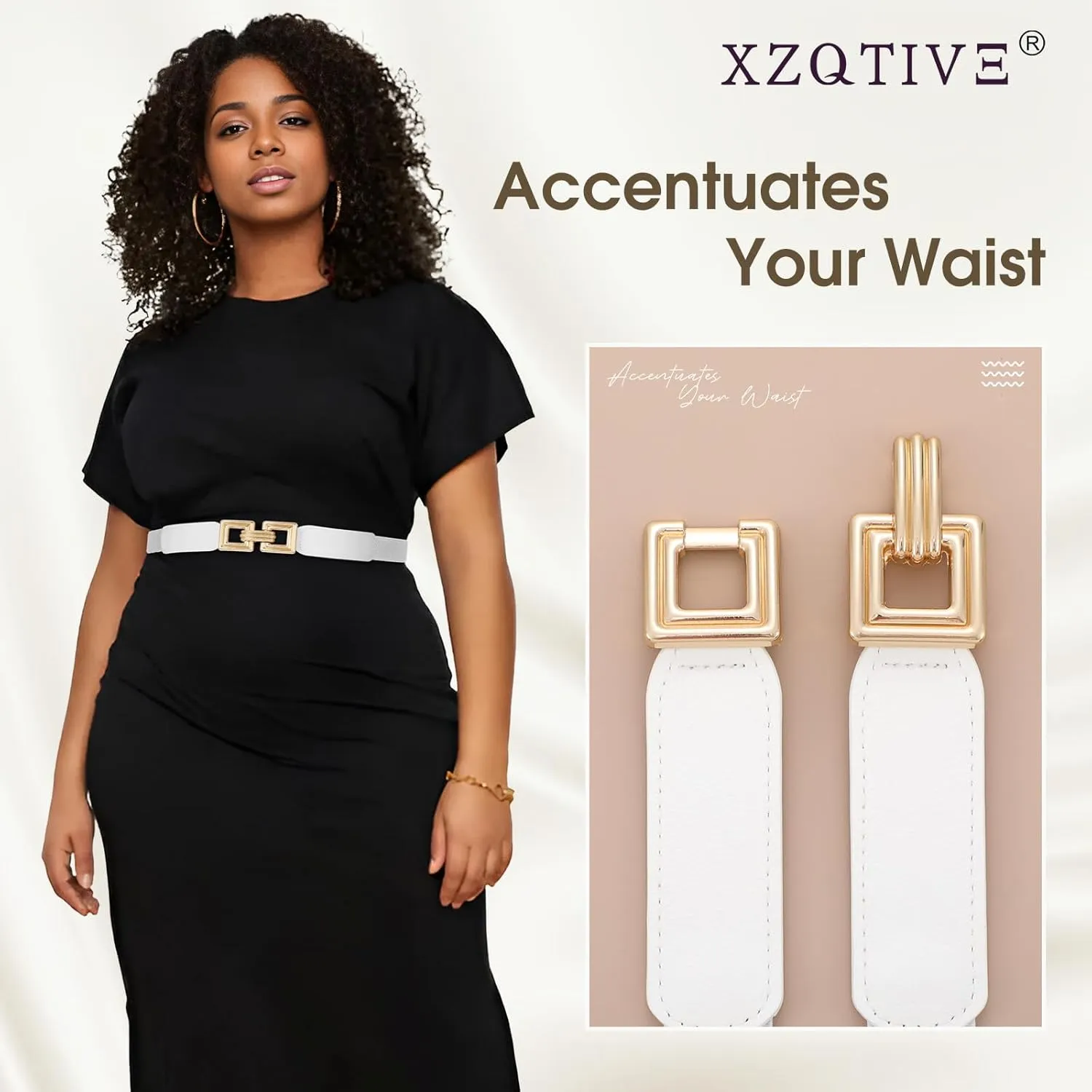 XZQTIVE 2 Pack Women Skinny Stretchy Cinch Belt for Dresses, Thin Elastic Belt Ladies Waist Belt with Retro Gold Buckle