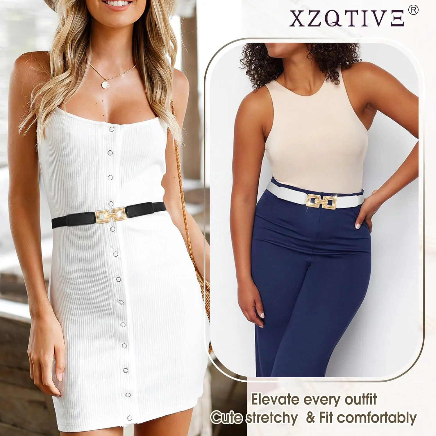 XZQTIVE 2 Pack Women Skinny Stretchy Cinch Belt for Dresses, Thin Elastic Belt Ladies Waist Belt with Retro Gold Buckle
