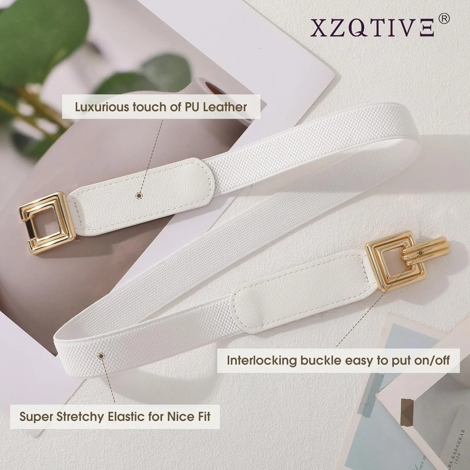 XZQTIVE 2 Pack Women Skinny Stretchy Cinch Belt for Dresses, Thin Elastic Belt Ladies Waist Belt with Retro Gold Buckle