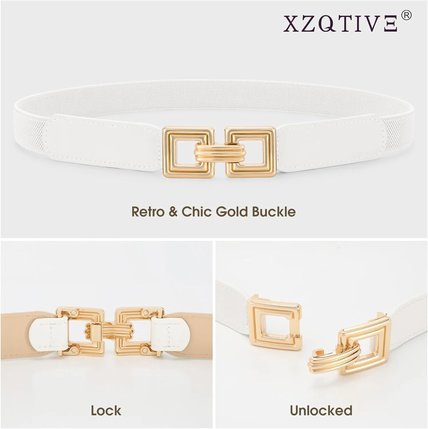 XZQTIVE 2 Pack Women Skinny Stretchy Cinch Belt for Dresses, Thin Elastic Belt Ladies Waist Belt with Retro Gold Buckle