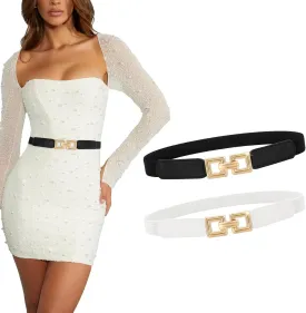 XZQTIVE 2 Pack Women Skinny Stretchy Cinch Belt for Dresses, Thin Elastic Belt Ladies Waist Belt with Retro Gold Buckle