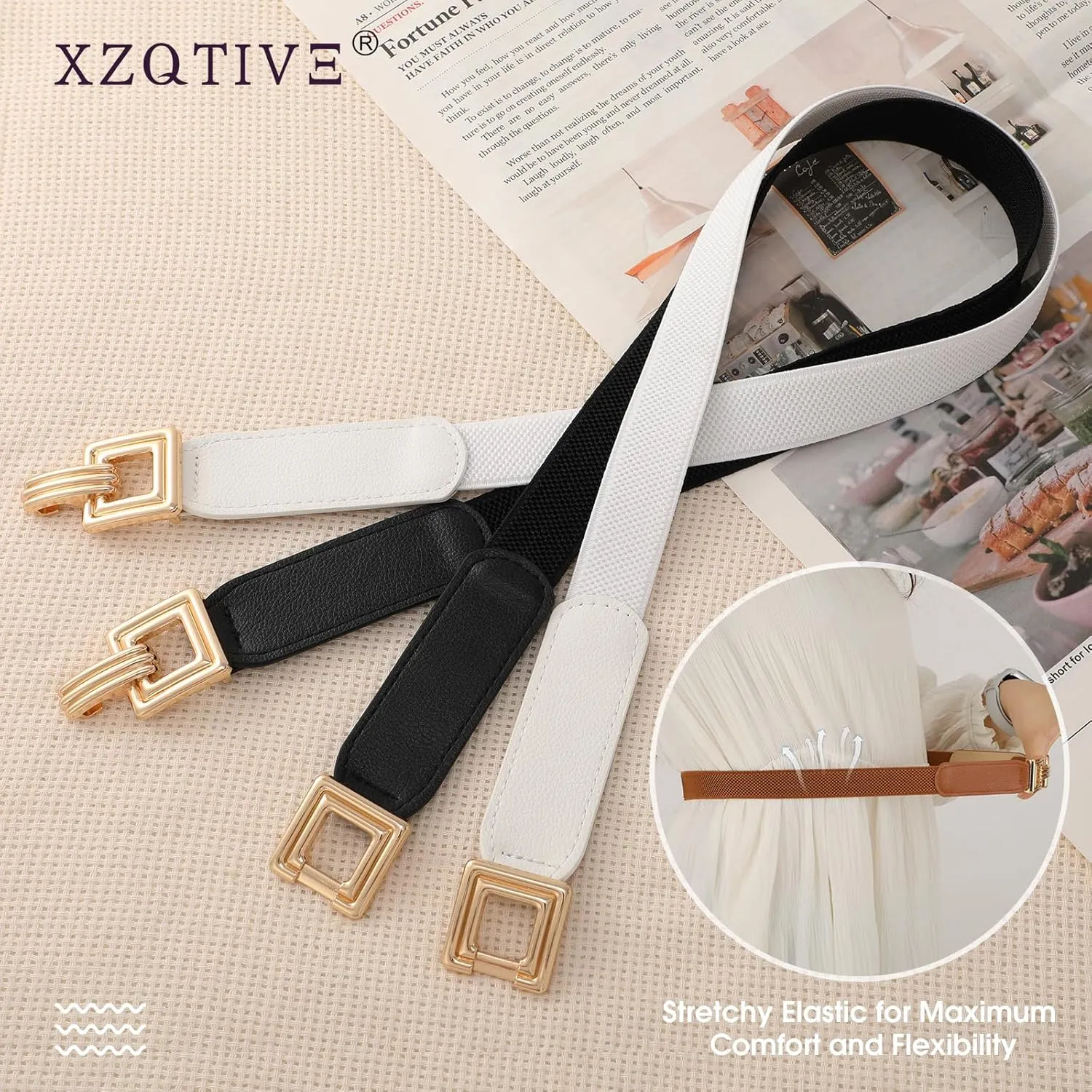 XZQTIVE 2 Pack Women Skinny Stretchy Cinch Belt for Dresses, Thin Elastic Belt Ladies Waist Belt with Retro Gold Buckle